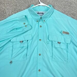 Columbia PFG‎ Fishing Shirt 2XL Mens Long Sleeve Button Up Aqua Blue Vented